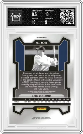 Lou Gehrig from the 2024 Panini Prizm set featuring a Red Wave parallel graded by Arena Club and given an overall grade of 9.5.