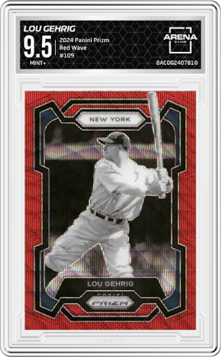 Lou Gehrig from the 2024 Panini Prizm set featuring a Red Wave parallel graded by Arena Club and given an overall grade of 9.5.