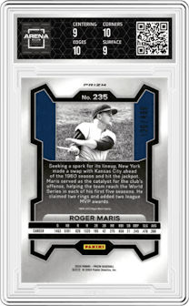 Roger Maris from the 2024 Panini Prizm set featuring a Pulsar parallel graded by Arena Club and given an overall grade of 9.5.