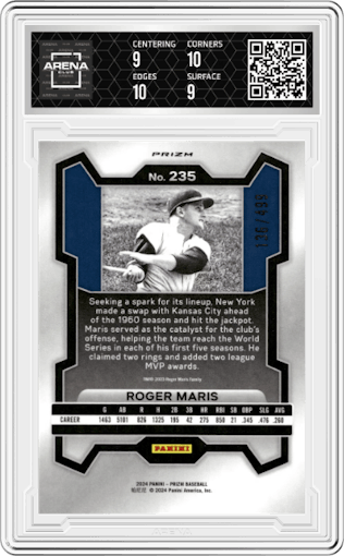 Roger Maris from the 2024 Panini Prizm set featuring a Pulsar parallel graded by Arena Club and given an overall grade of 9.5.