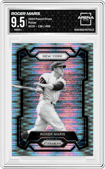 Roger Maris from the 2024 Panini Prizm set featuring a Pulsar parallel graded by Arena Club and given an overall grade of 9.5.