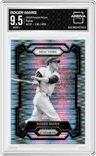 Roger Maris from the 2024 Panini Prizm set featuring a Pulsar parallel graded by Arena Club and given an overall grade of 9.5.