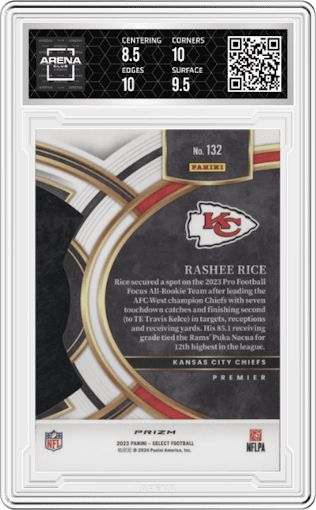 Rashee Rice from the 2023 Panini Select set featuring a Die-Cut Black/Green parallel graded by Arena Club and given an overall grade of 9.