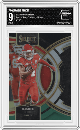 Rashee Rice from the 2023 Panini Select set featuring a Die-Cut Black/Green parallel graded by Arena Club and given an overall grade of 9.