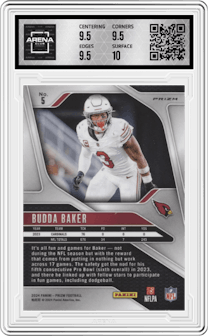 Budda Baker from the 2024 Panini Prizm set featuring a Silver Prizm parallel graded by Arena Club and given an overall grade of 10.