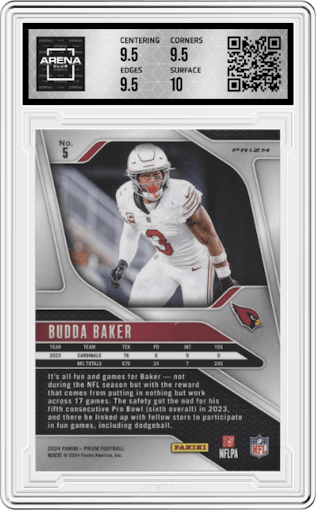 Budda Baker from the 2024 Panini Prizm set featuring a Silver Prizm parallel graded by Arena Club and given an overall grade of 10.