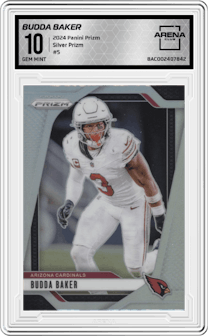 Budda Baker from the 2024 Panini Prizm set featuring a Silver Prizm parallel graded by Arena Club and given an overall grade of 10.