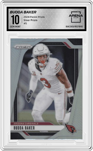 Budda Baker from the 2024 Panini Prizm set featuring a Silver Prizm parallel graded by Arena Club and given an overall grade of 10.