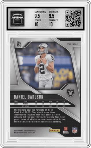 Daniel Carlson from the 2024 Panini Prizm set featuring a Silver Prizm parallel graded by Arena Club and given an overall grade of 10.