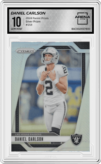 Daniel Carlson from the 2024 Panini Prizm set featuring a Silver Prizm parallel graded by Arena Club and given an overall grade of 10.