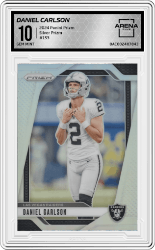 Daniel Carlson from the 2024 Panini Prizm set featuring a Silver Prizm parallel graded by Arena Club and given an overall grade of 10.