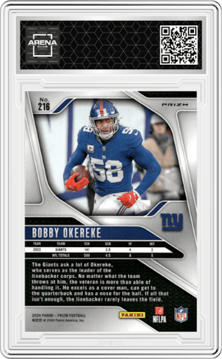 Bobby Okereke from the 2024 Panini Prizm set featuring a Silver Prizm parallel graded by Arena Club.