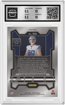 Luke Schoonmaker from the 2023 Panini Prizm set featuring a Silver Prizm parallel graded by Arena Club and given an overall grade of 10.