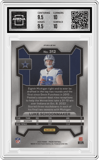 Luke Schoonmaker from the 2023 Panini Prizm set featuring a Silver Prizm parallel graded by Arena Club and given an overall grade of 10.