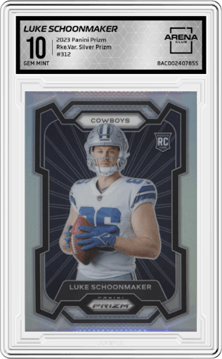 Luke Schoonmaker from the 2023 Panini Prizm set featuring a Silver Prizm parallel graded by Arena Club and given an overall grade of 10.