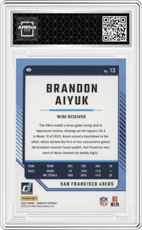 Brandon Aiyuk from the 2024 Donruss set featuring a Press Proof Silver parallel graded by Arena Club.