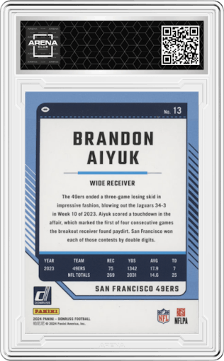 Brandon Aiyuk from the 2024 Donruss set featuring a Press Proof Silver parallel graded by Arena Club.