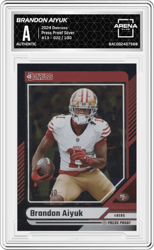 Brandon Aiyuk from the 2024 Donruss set featuring a Press Proof Silver parallel graded by Arena Club.