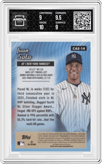 Juan Soto  from the 2024 Topps Chrome set featuring a Green Refractor parallel graded by Arena Club and given an overall grade of 9.5.
