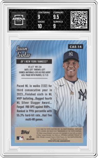 Juan Soto  from the 2024 Topps Chrome set featuring a Green Refractor parallel graded by Arena Club and given an overall grade of 9.5.