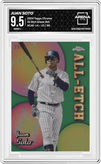 Juan Soto  from the 2024 Topps Chrome set featuring a Green Refractor parallel graded by Arena Club and given an overall grade of 9.5.