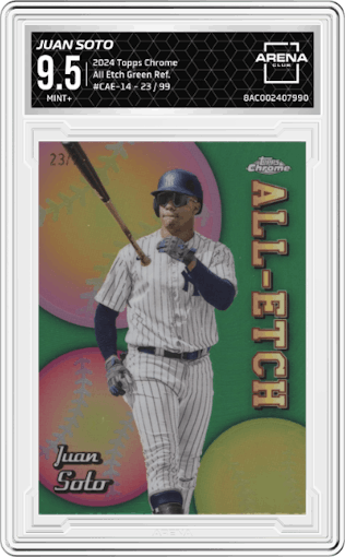 Juan Soto  from the 2024 Topps Chrome set featuring a Green Refractor parallel graded by Arena Club and given an overall grade of 9.5.