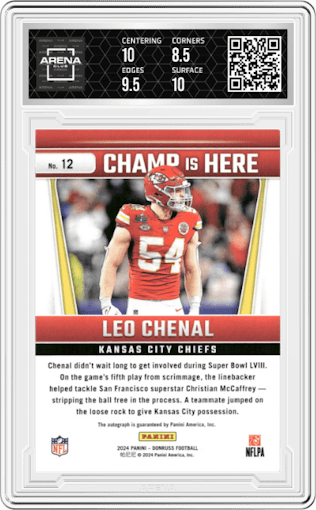 Leo Chenal from the 2024 Donruss set graded by Arena Club and given an overall grade of 9.