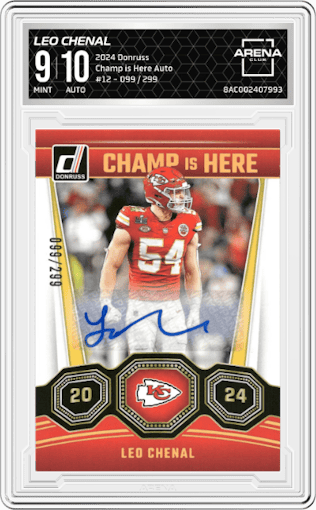 Leo Chenal from the 2024 Donruss set graded by Arena Club and given an overall grade of 9.