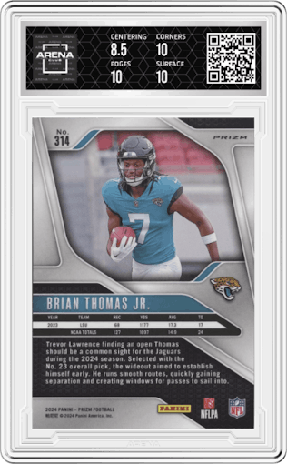 Brian Thomas Jr. from the 2024 Panini Prizm set featuring a Red/White/Blue Prizm parallel graded by Arena Club and given an overall grade of 9.