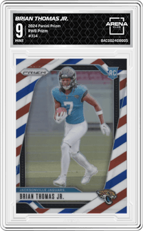 Brian Thomas Jr. from the 2024 Panini Prizm set featuring a Red/White/Blue Prizm parallel graded by Arena Club and given an overall grade of 9.