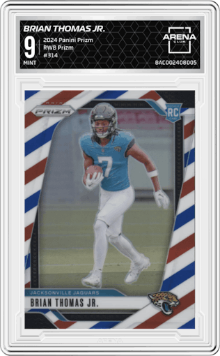 Brian Thomas Jr. from the 2024 Panini Prizm set featuring a Red/White/Blue Prizm parallel graded by Arena Club and given an overall grade of 9.