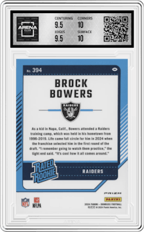 Brock Bowers from the 2024 Donruss set featuring a Pink parallel graded by Arena Club and given an overall grade of 10.