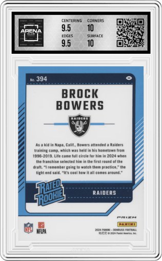 Brock Bowers from the 2024 Donruss set featuring a Pink parallel graded by Arena Club and given an overall grade of 10.
