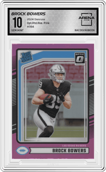 Brock Bowers from the 2024 Donruss set featuring a Pink parallel graded by Arena Club and given an overall grade of 10.