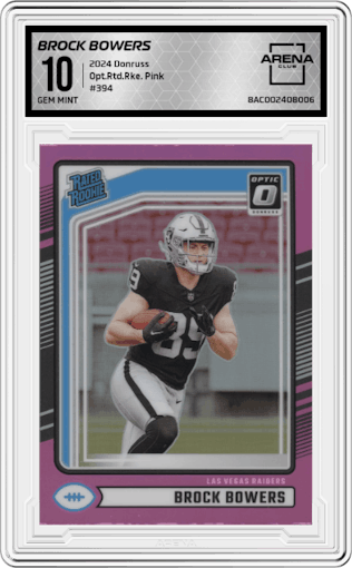 Brock Bowers from the 2024 Donruss set featuring a Pink parallel graded by Arena Club and given an overall grade of 10.
