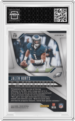 Jalen Hurts from the 2024 Panini Prizm set featuring a Green Prizm parallel graded by Arena Club.