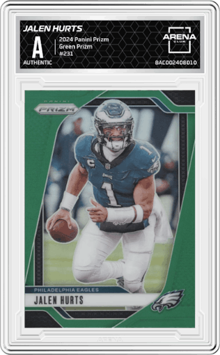 Jalen Hurts from the 2024 Panini Prizm set featuring a Green Prizm parallel graded by Arena Club.