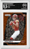 Jayden Daniels from the 2024 Panini Prizm set featuring a Disco parallel graded by Arena Club and given an overall grade of 9.5.