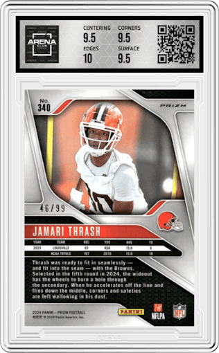 Jamari Thrash from the 2024 Panini Prizm set featuring a Blue Ice parallel graded by Arena Club and given an overall grade of 10.