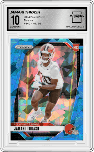 Jamari Thrash from the 2024 Panini Prizm set featuring a Blue Ice parallel graded by Arena Club and given an overall grade of 10.