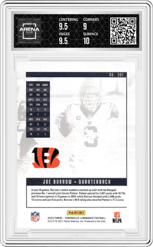 Joe Burrow from the 2020 Panini Luminance set featuring a Pink parallel graded by Arena Club and given an overall grade of 9.5.