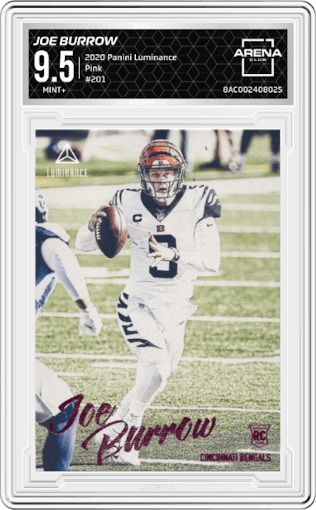 Joe Burrow from the 2020 Panini Luminance set featuring a Pink parallel graded by Arena Club and given an overall grade of 9.5.