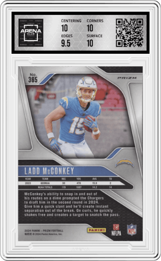 Ladd McConkey from the 2024 Panini Prizm set featuring a Lazer Prizm parallel graded by Arena Club and given an overall grade of 10.
