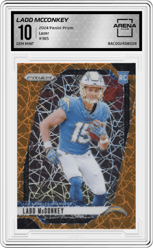 Ladd McConkey from the 2024 Panini Prizm set featuring a Lazer Prizm parallel graded by Arena Club and given an overall grade of 10.