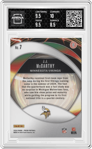 J.J. McCarthy from the 2024 Panini Prizm set graded by Arena Club and given an overall grade of 9.