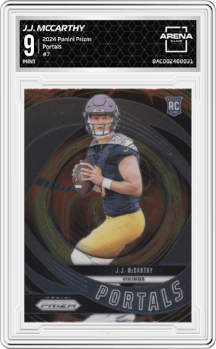 J.J. McCarthy from the 2024 Panini Prizm set graded by Arena Club and given an overall grade of 9.