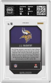 J.J. McCarthy from the 2024 Panini Prizm set featuring a Green Prizm parallel graded by Arena Club and given an overall grade of 9.5.