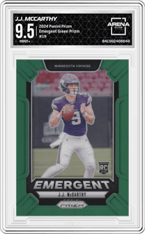 J.J. McCarthy from the 2024 Panini Prizm set featuring a Green Prizm parallel graded by Arena Club and given an overall grade of 9.5.