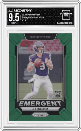 J.J. McCarthy from the 2024 Panini Prizm set featuring a Green Prizm parallel graded by Arena Club and given an overall grade of 9.5.