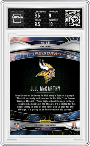 J.J. McCarthy from the 2024 Panini Prizm set featuring a Green Ice parallel graded by Arena Club and given an overall grade of 9.5.